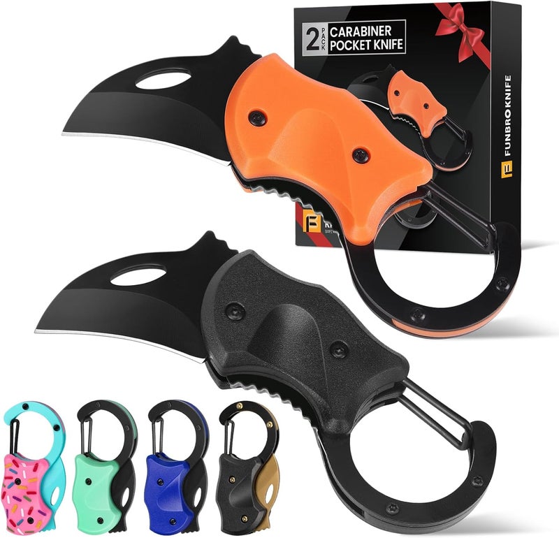 FUNBRO 2 Pack Small Pocket Knife Gifts for Men & Women, Folding Box Cutter, Birthday & Christmas Stocking Stuffers Gifts Idea for Wife Husband Dad Mom (Black & Orange) - Image 1